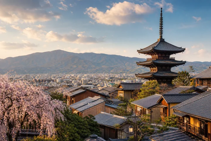 Kyoto pagodası ve kiraz çiçekleri