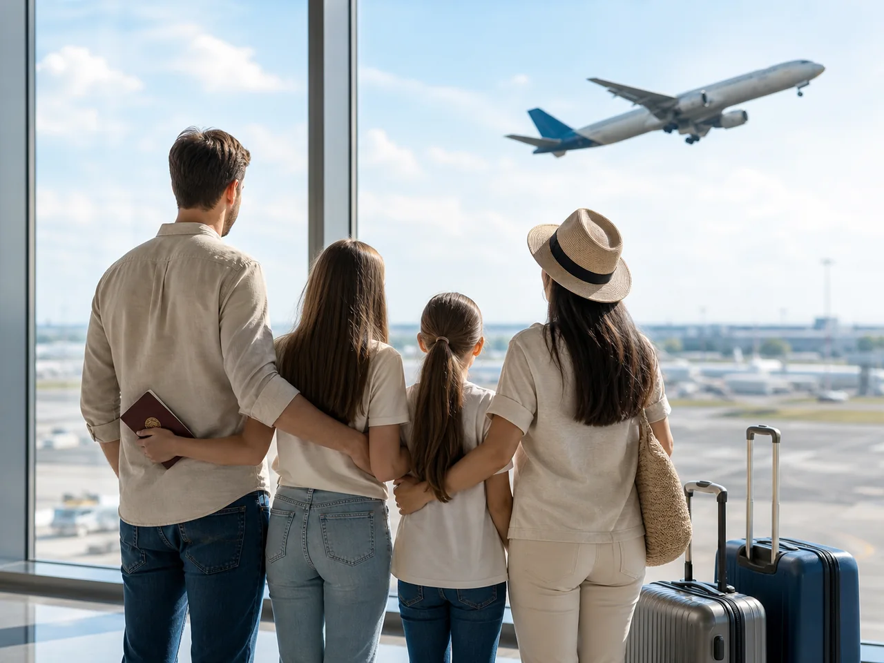Havalimanı terminalinde seyahate hazırlanan dört kişilik aile